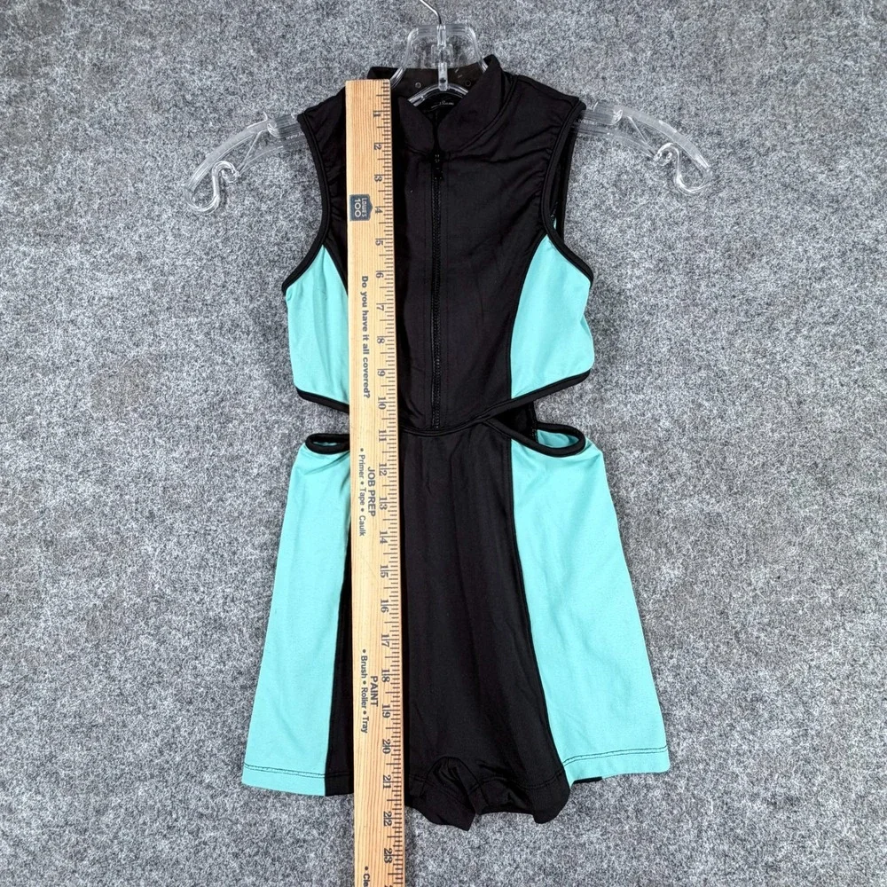 Bloch Girls Size 10 Black Teal Biketard Leotard FrontZip Cut-Out Dance Unitard